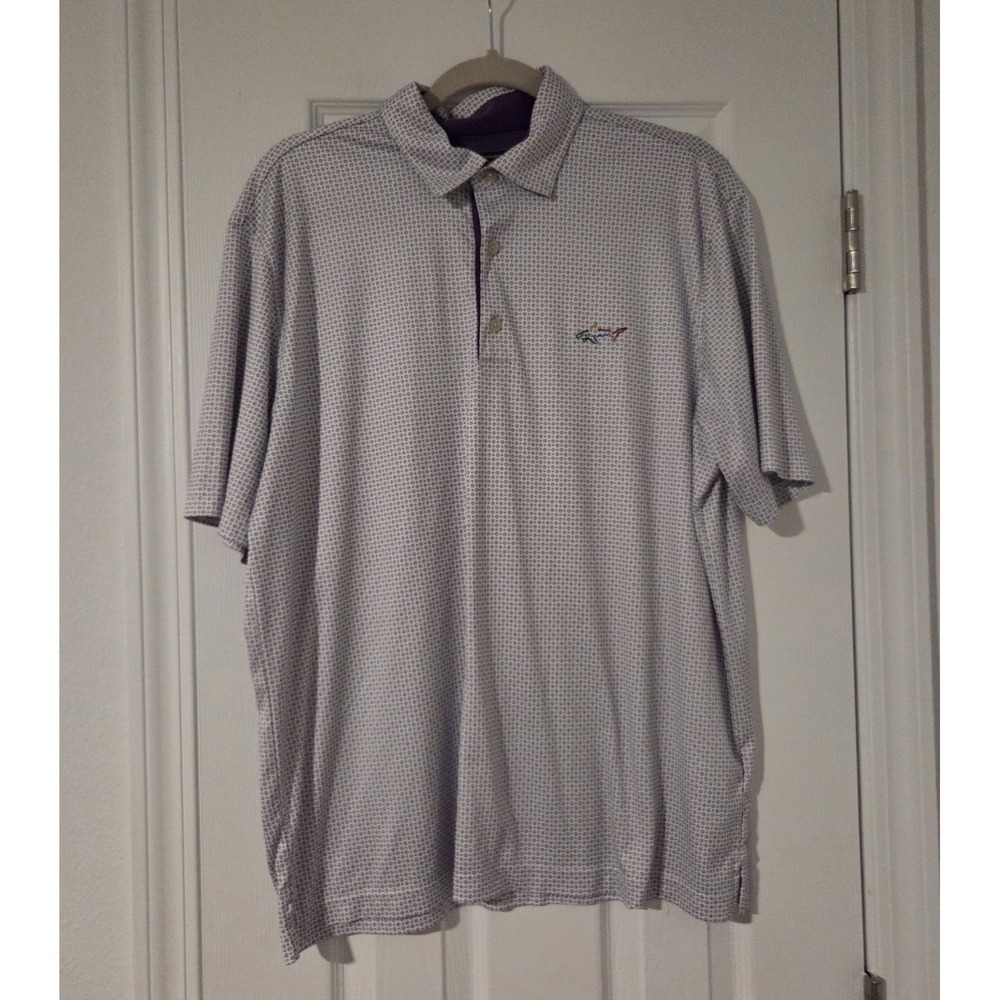 Greg Norman Play Dry Golf Polo Shirt Mens L Purple White Geometric Shark Logo